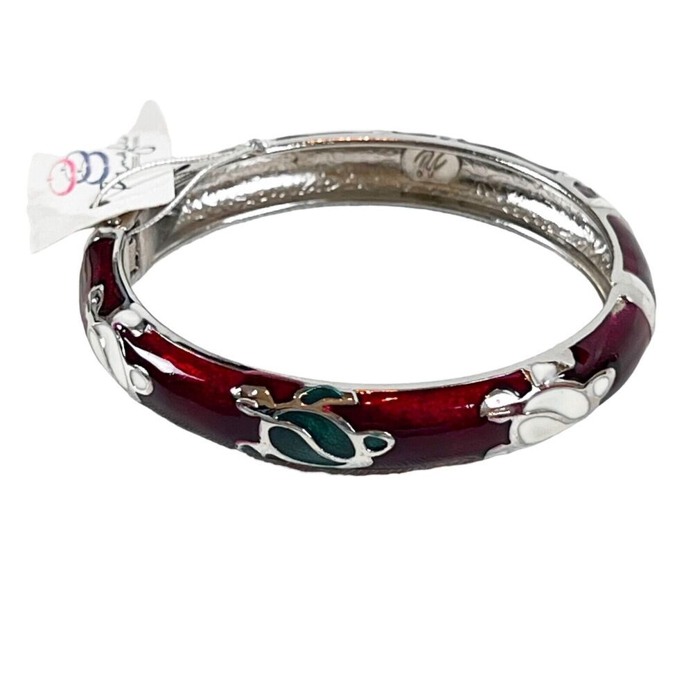 Jiu Long Xing Hinged Bangle Bracelet Enamel Cloisonne 7 1/4" Red w Grn Turtles